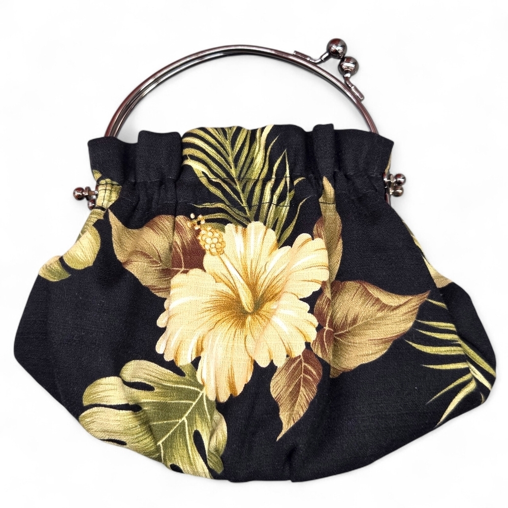 Vtg aBBa Black Golden Yellow Hibiscus Bag Kisslock Round Handle Hawaii '80s EUC - Picture 8 of 13